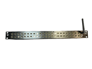 The Black Lion Audio PBR TRS-BT is a black 46-point gold-plated TRS patchbay with Bluetooth, featuring two rows of jacks and a side antenna, shown on a white background.