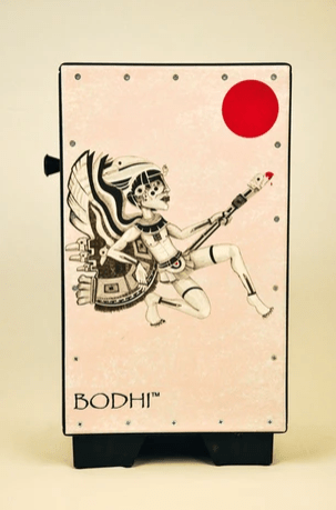 The Bodhi Cajon Drum - Art Collection #1 (DEMO) by Bodhi is a rectangular percussion instrument featuring a white panel with an intricate winged figure in black and white, a red circle at the top right, and "BODHI" at the bottom.