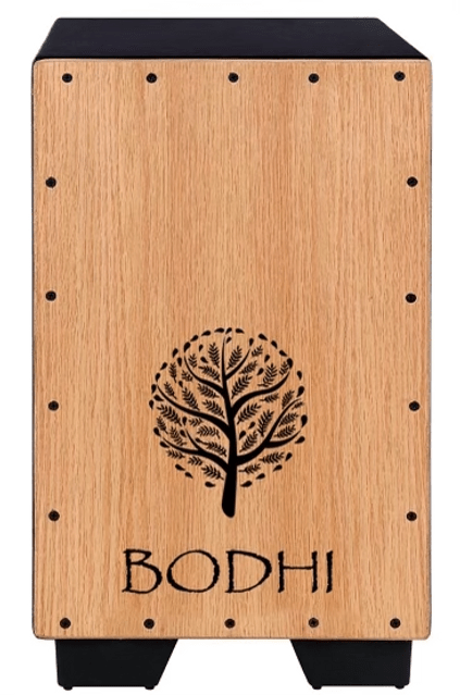 The Bodhi Cajon Drum - Natural (DEMO) by Bodhi features a tree design and "BODHI" logo on the front, visible edge screws, two angled black feet, and offers an authentic cajon sound.