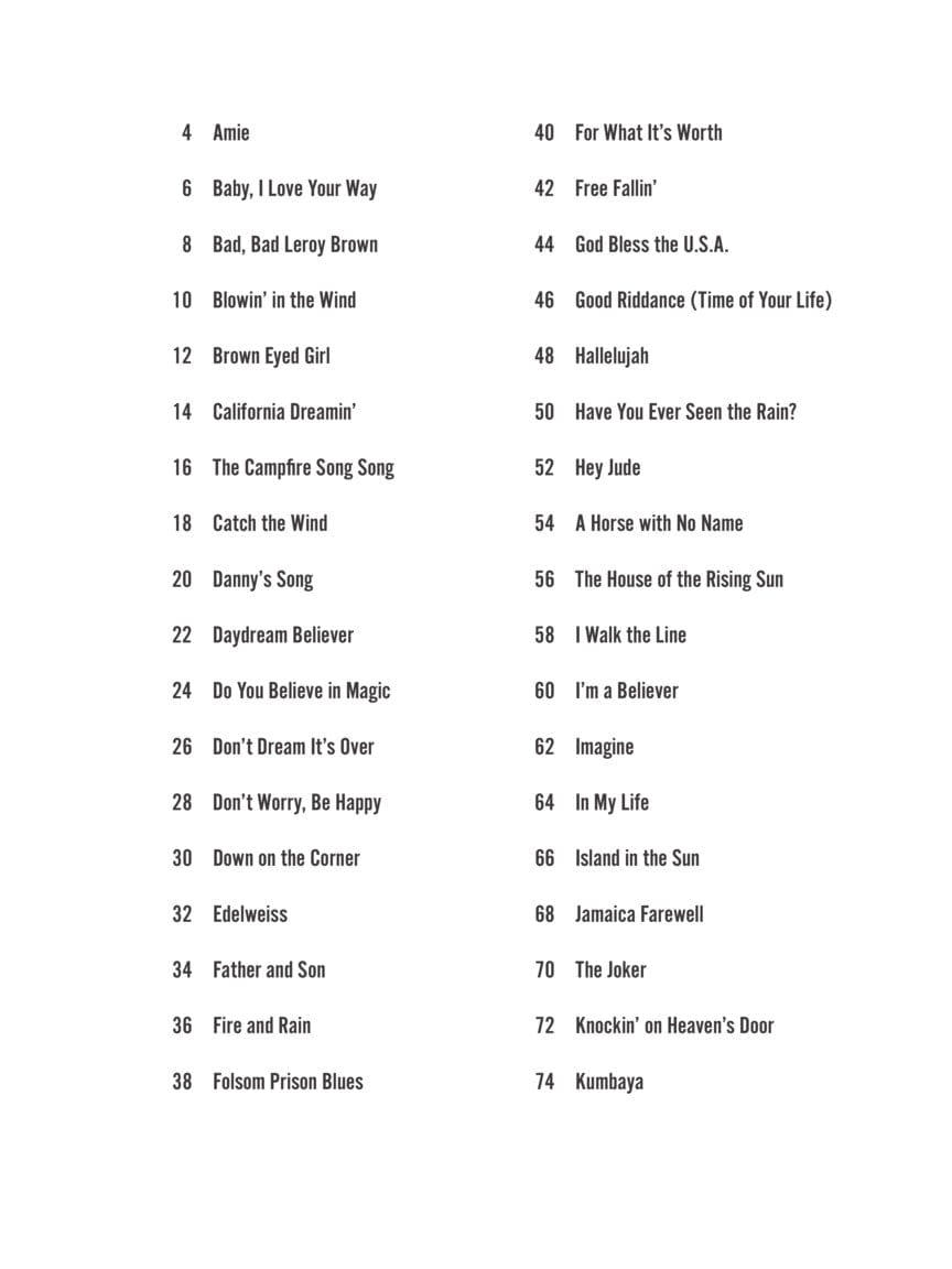 Campfire Songs – Strum Together: A close-up of a list of 70 song titles, featuring melody, lyrics, and chord diagrams for five instruments.