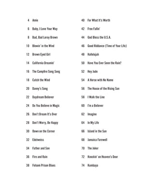 Campfire Songs – Strum Together: A close-up of a list of 70 song titles, featuring melody, lyrics, and chord diagrams for five instruments.