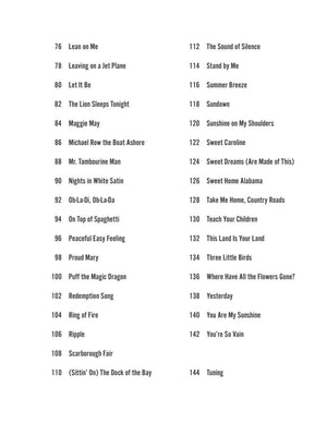 Campfire Songs – Strum Together sheet featuring 70 song titles, lyrics, and chords for ukulele, guitar, mandolin, and banjo.