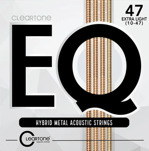 Cleartone EQ Acoustic Guitar Strings packaging featuring black text and gold accents on a white box, highlighting premium materials and advanced technology for superior tone.