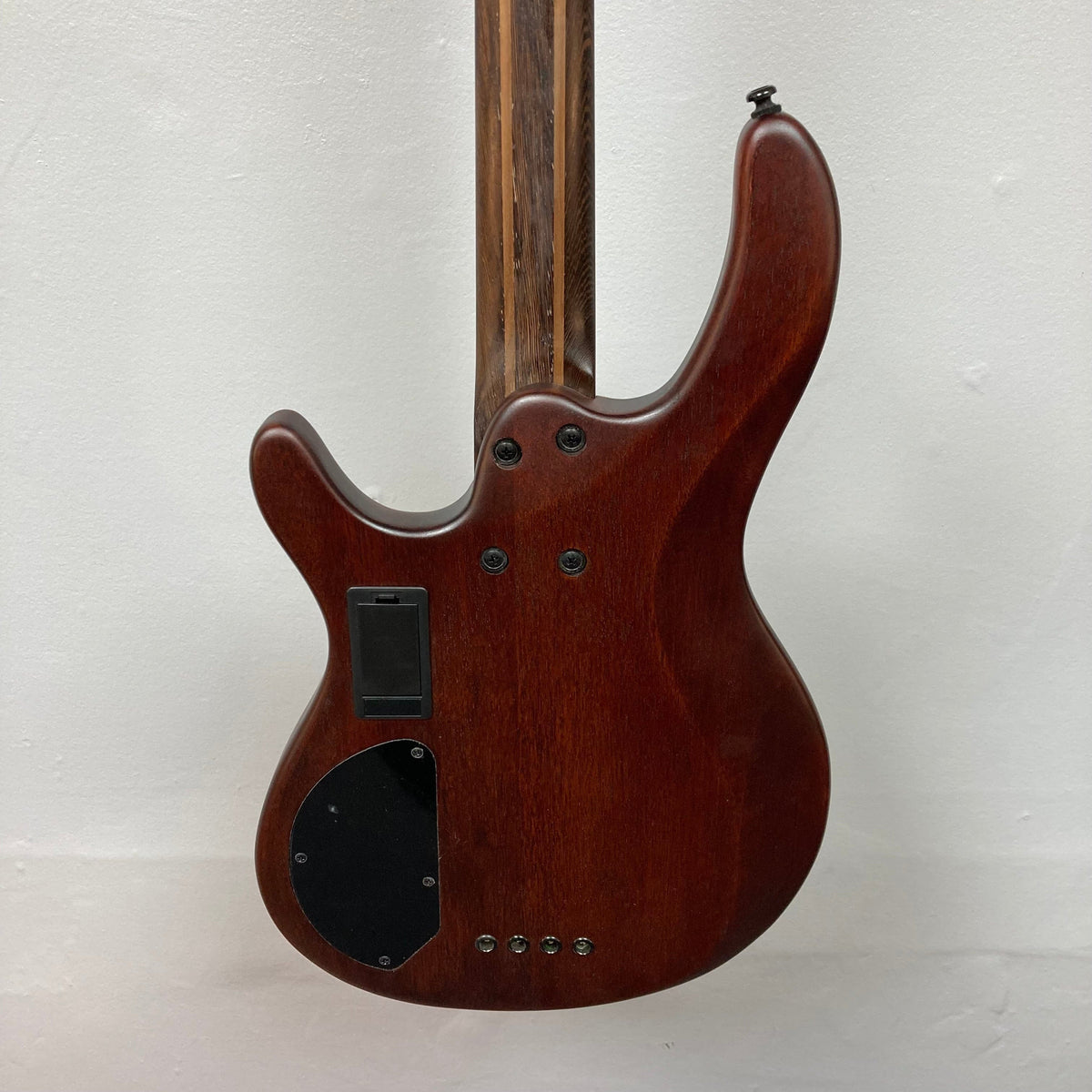 Close-up of Cort Artisan B4 Element Natural bass guitar, showcasing its roasted maple fretboard, MetalCraft M4 bridge, and Bartolini MK-1 pickups.