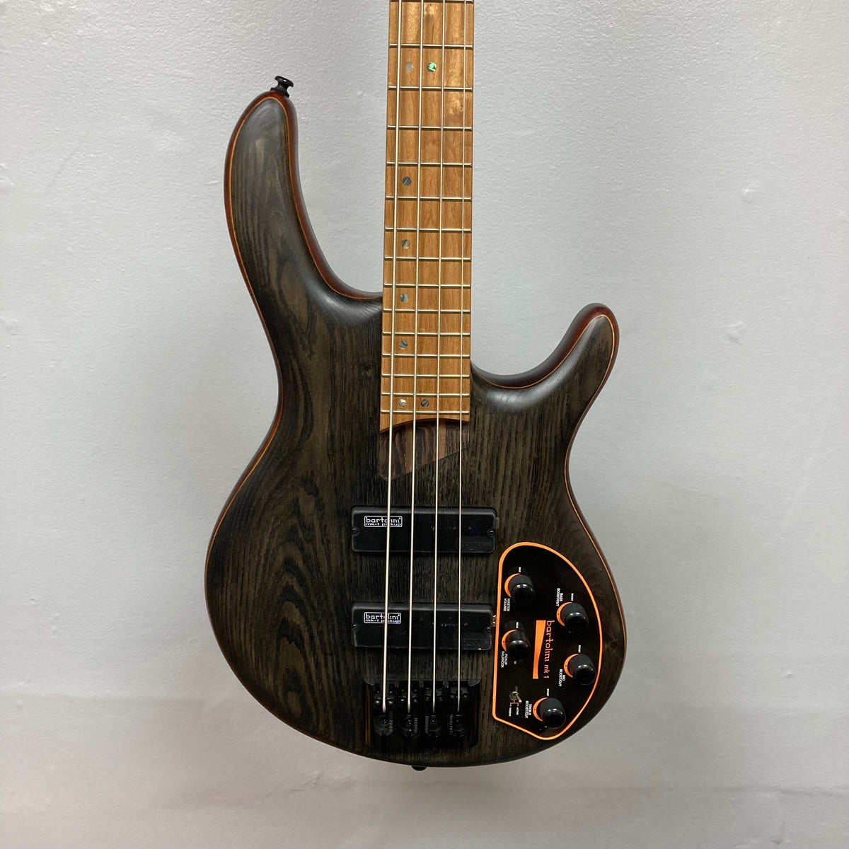 Cort Artisan B4 Element Open Pore Black bass guitar with roasted maple fretboard, Bartolini MK-1 pickups, and MetalCraft M4 bridge for enhanced resonance.