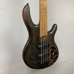 Cort Artisan B4 Element Open Pore Black electric bass guitar with black hardware, featuring a roasted maple fretboard and Bartolini® MK-1 pickups.