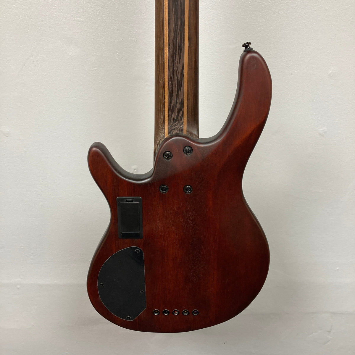 Cort Artisan B5 Element bass guitar close-up, highlighting roasted maple fretboard, Bartolini pickups, and ergonomic mahogany body with ash top.