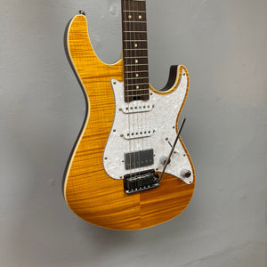 Cort G280 Select Amber electric guitar with Pearloid pickguard, Rosewood fingerboard, and Voiced Tone VTH-77 humbucker pickup, showcasing high-quality build and versatile sound.