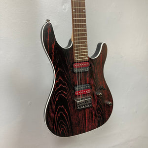 Cort KX300 EBR Etched Black Red electric guitar with red accents and EMG® RetroActive Super77 humbuckers, showcasing a sandblasted ash top and mahogany body.