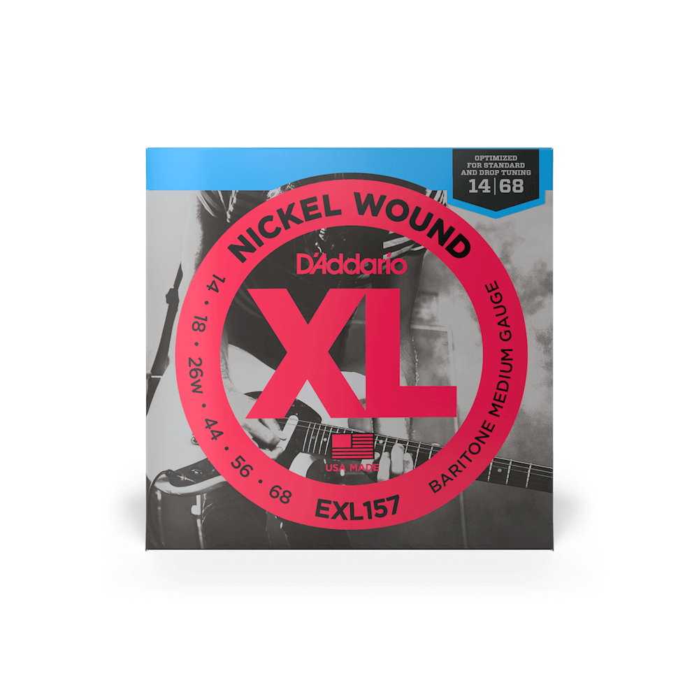 A package of D'Addario EXL157 Baritone Guitar Strings - Medium, displaying gauges 14-68 on the front, with a background image of a guitarist.