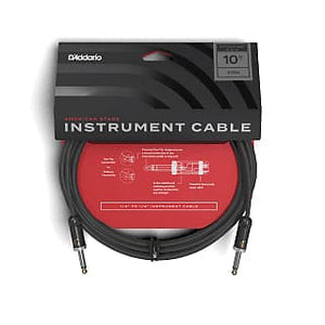 D'Addario Planet Waves American Stage Instrument Cable 10' in packaging with black cable, designed for clear, interference-free signal transfer.