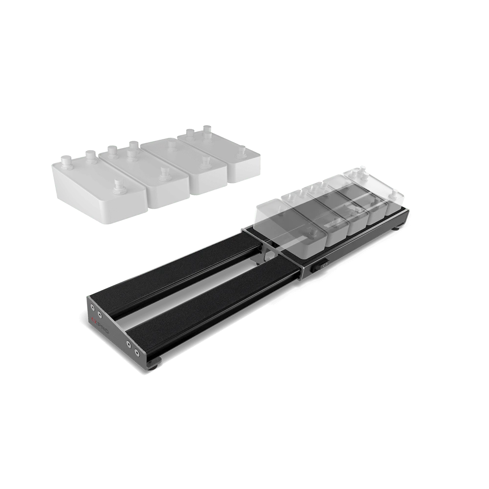 A black rectangular D'Addario XPND Expanding Pedalboard with sliding rails holds four clear pedals, with four more positioned above and to the left, all set against a plain white background.