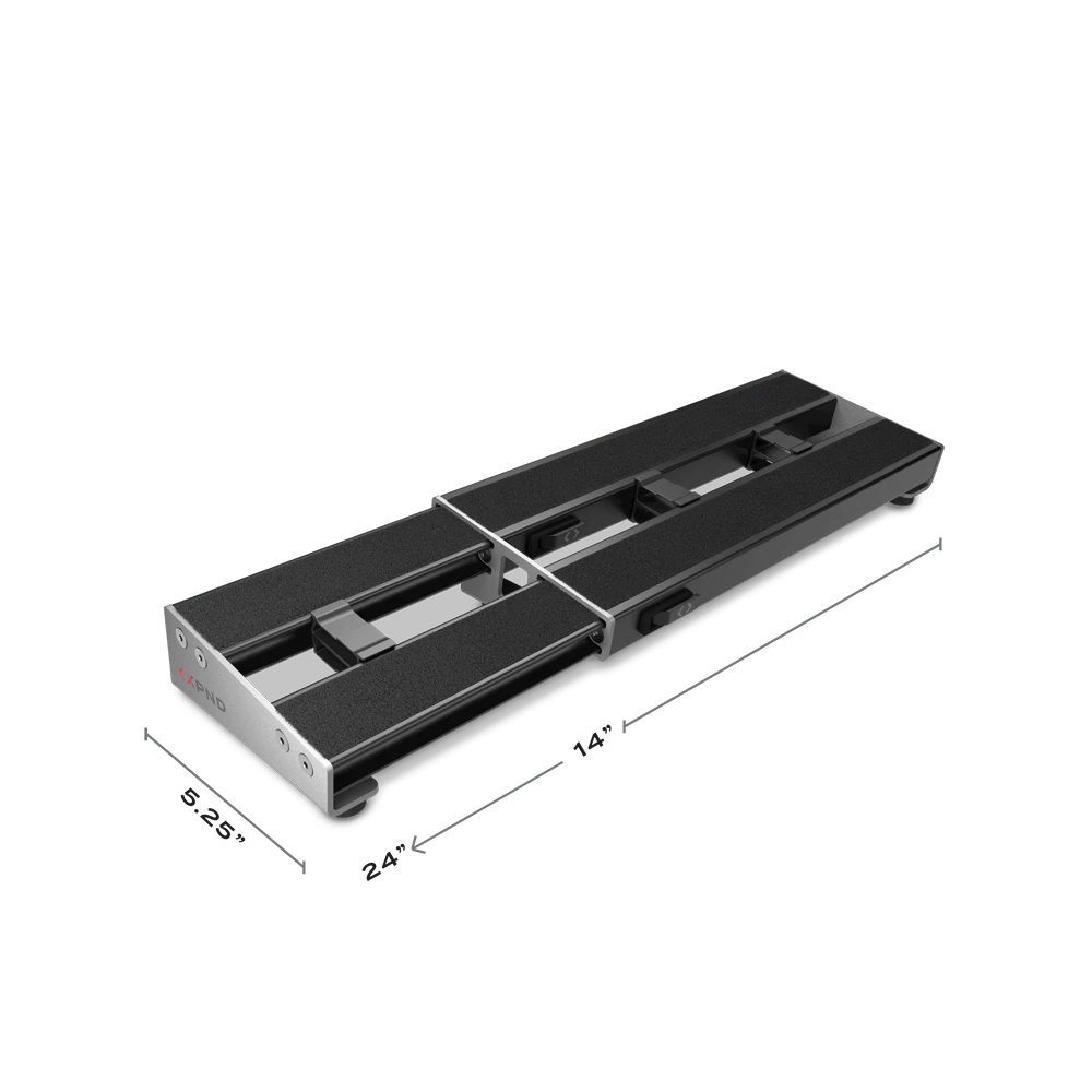 The D'Addario XPND Expanding Pedalboard, in black and silver metal with two sliding sections, is shown on a white background. Its dimensions are labeled as 24" long, 5.25" wide, and an extended section length of 14".