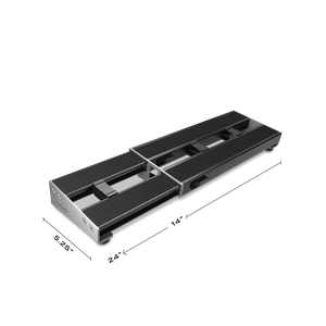 The D'Addario XPND Expanding Pedalboard, in black and silver metal with two sliding sections, is shown on a white background. Its dimensions are labeled as 24" long, 5.25" wide, and an extended section length of 14".