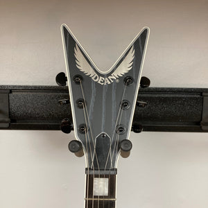 Dean Custom Run #16 ML guitar on a rack, showcasing its sandblasted grey finish, features a 3-piece mahogany neck and Evertune bridge.