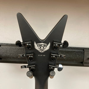 Dean Custom Run #16 ML guitar headstock, featuring white text and a sleek design, part of a limited edition sandblasted grey series, number 37 of 100.