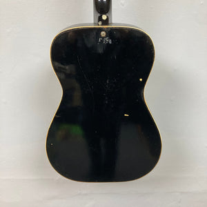 Dobro Model 60 DS Round Neck 1970s Red Burst resonator guitar with noticeable wear, showcasing gold trim and distinct resonator design.