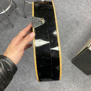 Hand holding a Dobro Model 60 DS Round Neck 1970s Red Burst resonator guitar.