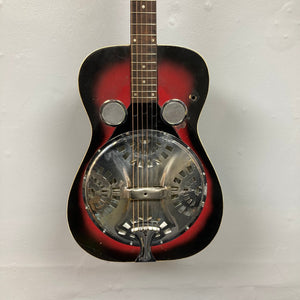 Dobro Model 60 DS Round Neck 1970s Red Burst resonator guitar with a metal cover, showing close-up details of strings and resonator.