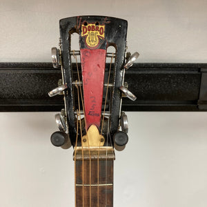 Dobro Model 60 DS Round Neck 1970s Red Burst resonator guitar, showcasing strings and neck with red burst finish, highlighting unique, well-used condition.
