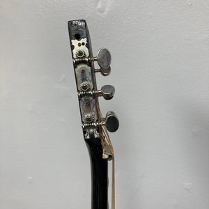 Dobro Model 60 DS Round Neck 1970s Red Burst, showing detailed close-ups of the guitar's back and resonator parts, highlighting its traditional design and used condition.