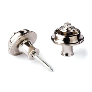 Two Dunlop Straplok Original Strap Retainer System metal security screws—one upright, one lying down—are shown with threaded and flat ends on a white background, ideal for securing your guitar strap.