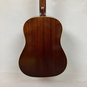 Epiphone 1942 Banner J-45 Vintage Sunburst acoustic guitar close-up, showcasing its solid red spruce top and mahogany body, includes hardshell case.