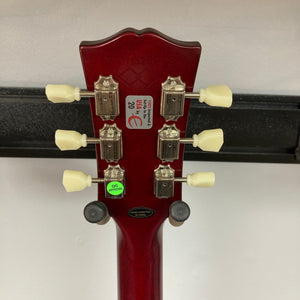 Epiphone 1959 Les Paul Standard Iced Tea Inspired by Gibson, close-up of guitar body showing mahogany construction and AAA flame maple top.