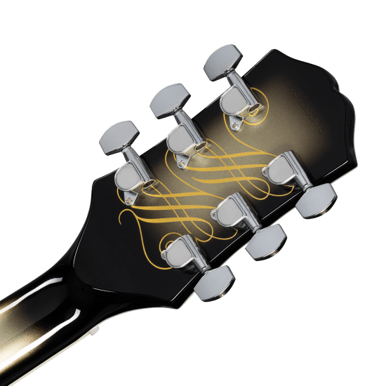 Close-up of the Epiphone Adam Jones Les Paul Custom guitar head featuring Julie Heffernan’s “Self-Portrait as Not Dead Yet” art.