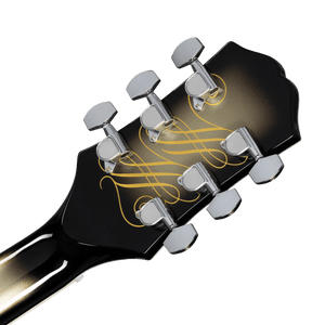 Close-up of the Epiphone Adam Jones Les Paul Custom guitar head featuring Julie Heffernan’s “Self-Portrait as Not Dead Yet” art.