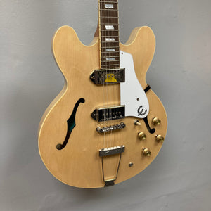 Epiphone Casino Natural guitar close-up, showcasing Dogear PRO P-90 pickups and maple body.