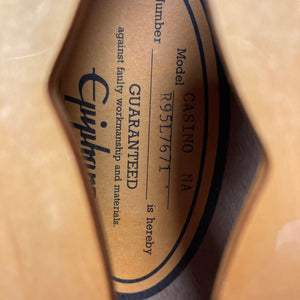 1995 Epiphone Casino Reissue guitar, fully hollow maple body, displayed with labels and tags, highlighting its iconic design and craftsmanship.