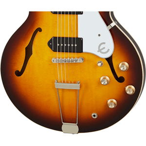Close-up of the Epiphone Casino (USA Collection), Vintage Sunburst, showcasing its detailed craftsmanship and iconic archtop design.