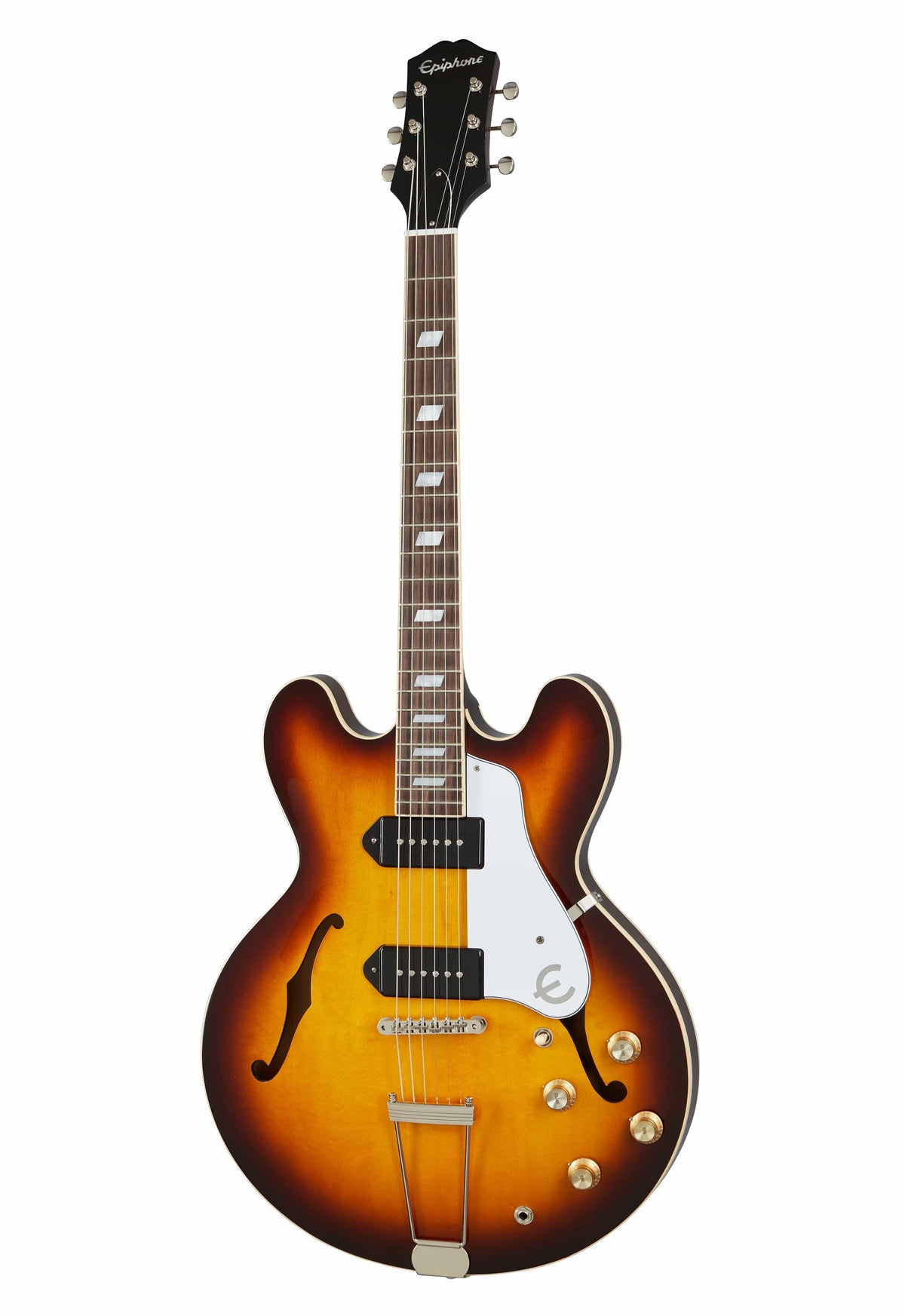 Epiphone Casino (USA Collection), Vintage Sunburst, archtop electric guitar with classic design, 3-ply body, mahogany neck, P-90 pickups, and vintage detailing.