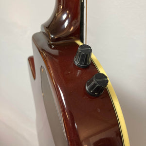 Close-up of an Epiphone Chet Atkins SST Studio Natural (Korea), showing two black control knobs and cream body binding, set against a plain light background. Includes hard case; used consignment listing.