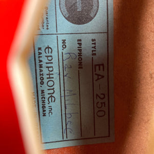 Close-up of the Epiphone EA-250 1972 - 1974 label, highlighting its Japanese craftsmanship and vintage appeal.