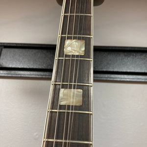 Close-up of Epiphone EA-250 guitar neck and strings, highlighting the craftsmanship of the 1972-1974 Japanese-made semi-hollow electric guitar.