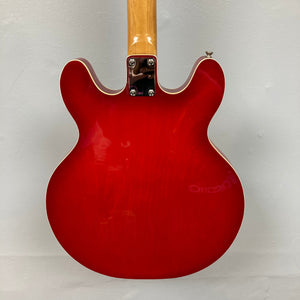 Epiphone EA-250 1972-1974, semi-hollow electric guitar with a red finish and double cutaway body, featuring dual humbuckers and f-holes.