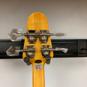 Epiphone Grabber Bass Ebony close-up, showcasing its sleek alder body, bolt-on maple neck, and hardware details, highlighting vintage flair with modern playability.