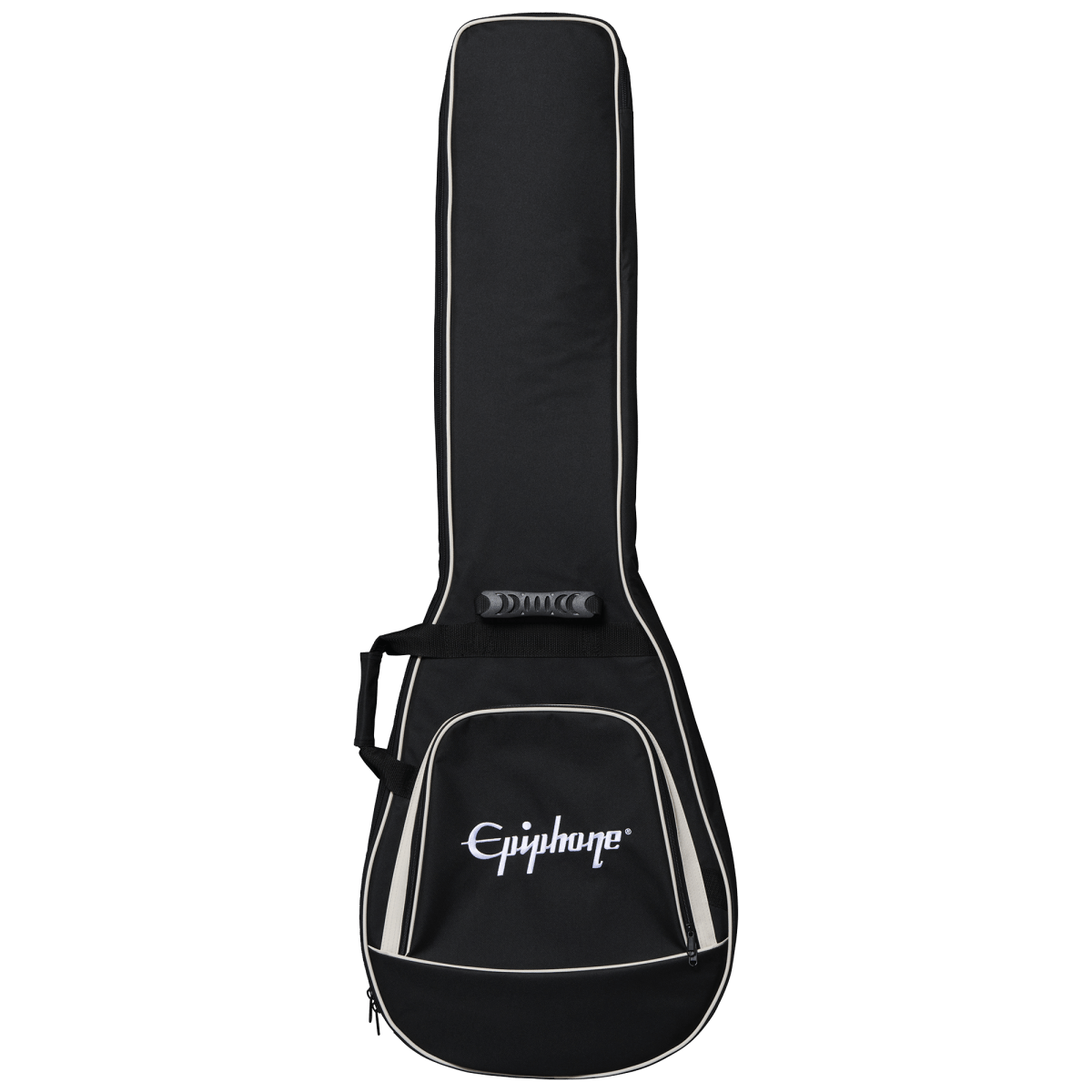 Epiphone Jack Casady Fretless Bass in a black and white guitar case with a close-up of the logo and handle visible.