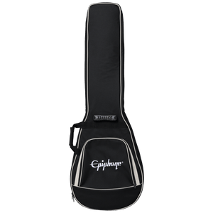 Epiphone Jack Casady Fretless Bass in a black and white guitar case with a close-up of the logo and handle visible.