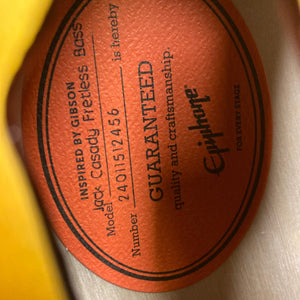 Epiphone Jack Casady Fretless Bass - Aged Royal Tan, archtop body, layered maple, cream binding, cream pickguard with E logo, nickel finish, gold speed knobs.