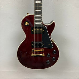 Epiphone Jerry Cantrell Wino Les Paul Custom Wine Red electric guitar with gold accents, featuring Grover tuners and custom hardshell case.