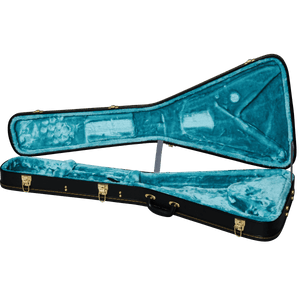Epiphone Jimi Hendrix Love Drops Flying V guitar with a hardshell case featuring blue velvet interior and gold hardware.