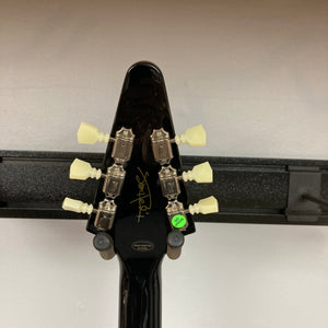 Epiphone Jimi Hendrix Love Drops Flying V with white knobs, featuring a unique psychedelic design, includes a hard case.