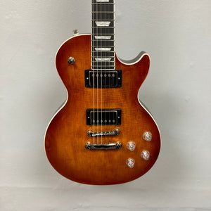 Epiphone Les Paul Modern Figured Mojave Burst electric guitar with white strings, Grover Locking Rotomatic tuners, ProBucker pickups, and includes a gig bag.