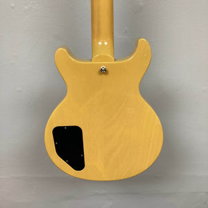 Rear view of the Epiphone Les Paul Special Double Cut TV Yellow w/Gigbag, showing the back, 60s SlimTaper neck joint, and black electronics cover plate.