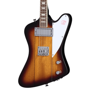 Epiphone Mandobird Mandolin in Vintage Sunburst, showcasing a close-up of its strings, bridge, and distinctive Firebird shape.