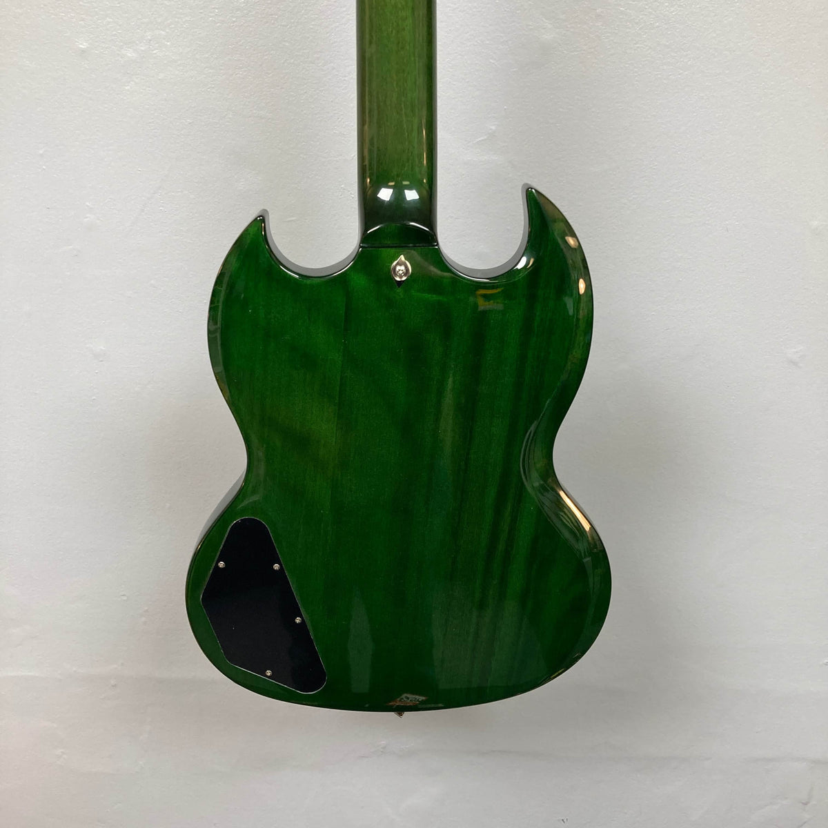 The image shows the back of an Epiphone SG Modern Figured Iguana Burst electric guitar with a glossy finish, featuring Gibson-inspired design, set against a plain white wall. Includes GigBag.