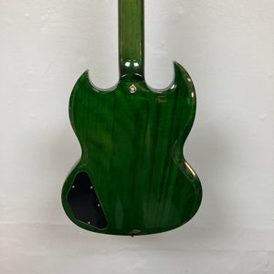 The image shows the back of an Epiphone SG Modern Figured Iguana Burst electric guitar with a glossy finish, featuring Gibson-inspired design, set against a plain white wall. Includes GigBag.